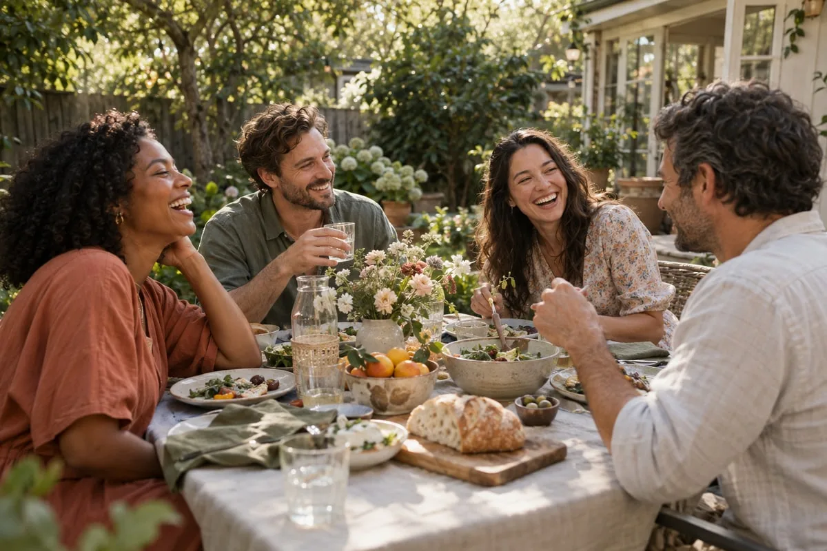 Friends and family sharing lunch around a garden table